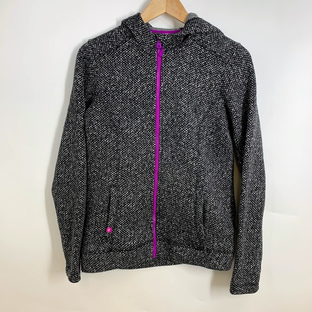 Athleta Girl Hooded Zip Up Jacket Black White Herringbone Activewear Kids XL 14